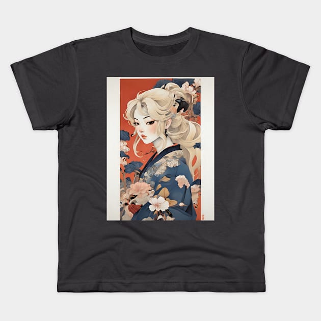 Blonde girl in ukiyo e style Kids T-Shirt by Spaceboyishere